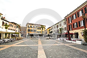 Sirmione, Italy - oct 2017: town of Sirmione, colorful street view, tourist destination in Lombardy region of Italy.Lago di Garda