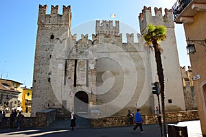 Sirmione Scaliger Castle rare example of medieval port fortification, Lake Garda, Italy