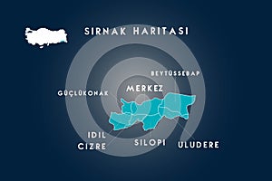 Sirnak districts guclukonak, idil, cizre, silopi, uludere, beytussebap map, Turkey