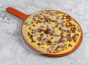 Sisig Super Special pizza with tomatoes, cheese fast food ready to eat on marble background top view