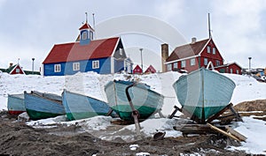 sisimiut greenland with blue bethel church and fishing boats gronland landscape