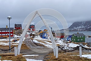 sisimiut greenland cityscape with colorful houses and the Whale bone entrance