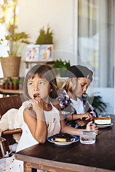 Sister and brother eat some desserts together in cafe