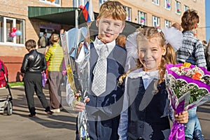 Sister and brother on the first day of school