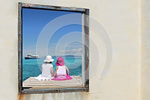 Sister girls view window tropical sea turquoise