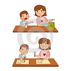 Sister with Her Little Brother at Table Drawing with Pencil and Eating Breakfast as Family Relations Vector Illustration