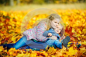 Sister hugging her younger brother sitting in the park on fallen autumn foliage