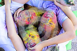 Sisterhood and family values. positive and cheerful. Crazy hipster girls. Summer weather. colorful neon paint makeup