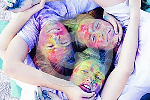 Sisterhood and family values. positive and cheerful. Crazy hipster girls. Summer weather. colorful neon paint makeup