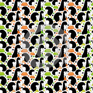 Sisterhood pattern with cute girls. Womans day background. Women with black hair in orange and green clothes