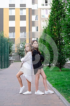 sisterhood. two sisters or friends spending time outdoors on sunny summer day. bff, sibling, girlfriend. millennial teen