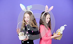 Sisters celebrate easter. Spring holiday. Happy childhood. Easter day. Easter activities for children. Happy easter