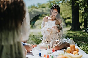 Sisters enjoying a sunny day in the park, painting and having a picnic together