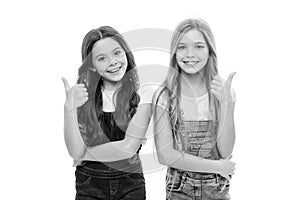 Sisters kids isolated white background. Sisterly relationship. Sisterhood happiness. Girls confident sisters. Sisterhood