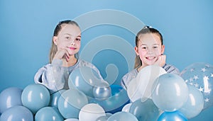 Sisters organize home party. Having fun concept. Balloon theme party. Girls best friends near air balloons. Start this