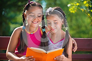 Sisters reading book in summer park