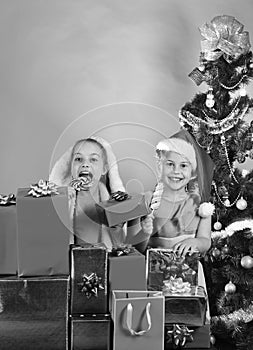 Sisters in Santa Claus hats stand behind gift boxes.