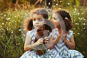 Sisters twin toddlers kissing and laughing in the summer outdoors. Curly cute girls. Friendship in childhood. Warm sunligh