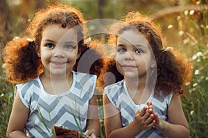 Sisters twin toddlers kissing and laughing in the summer outdoors. Curly cute girls. Friendship in childhood. Warm sunligh