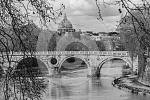 Sisto Bridge and the dome of Saint Peter. Rome Italy.