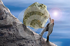 Sisyphus metaphor man rolling huge rock ball up hill