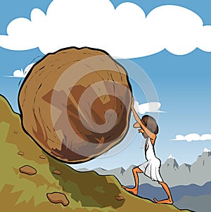 Sisyphus rolling a boulder