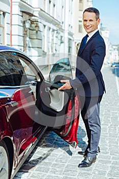 Delighted good looking man inviting to sit into his car