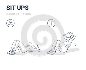 Sit Up Female Home Workout Exercise Guide Black and White Illustration.