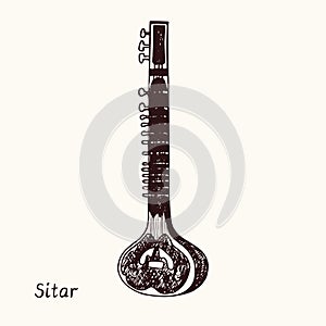 Sitar. Ink black and white doodle drawing in woodcut style