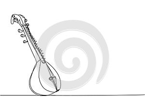 Sitar one line art. Continuous line drawing of music, plucked stringed instrument, Indian, Hindustani classical music