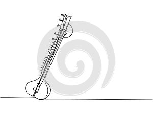 Sitar one line art. Continuous line drawing of music, plucked stringed instrument, Indian, Hindustani classical music