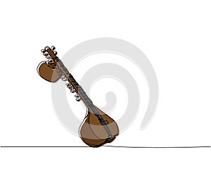 Sitar one line color art. Continuous line drawing of music, plucked stringed instrument, Indian, Hindustani classical