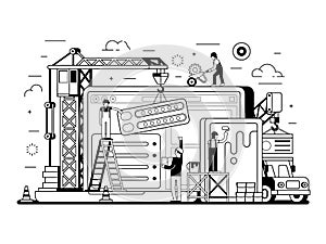 Site Construction Scene in Line Art