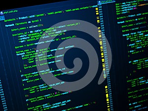 Site developing. Php code on the computer. Programming concept. Green code on the dark blue background