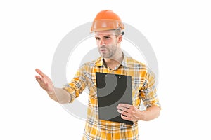 Site inspection. Civil engineer or technician isolated on white. Engineer or architect at work. Construction
