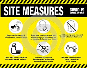 Site measures mandatory or site safety sign or health and safety protocols on construction site or best practices new normal