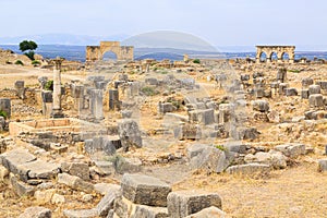 Site overview of the ruins of Volubilis, ancient Roman city in Morocco