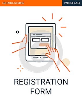 Site Registration form icon. Tablet in hand with a registration form on the application outline icon
