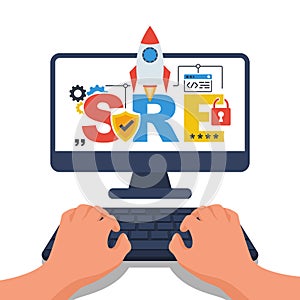 Site reliability engineering. SRE concept. A young programmer with a laptop