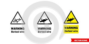 Site security sign warning barbed wire icon of 3 types color, black and white, outline. Isolated vector sign symbol