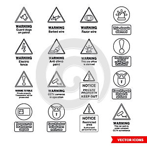 Site security signs icon set of outline types. Isolated vector sign symbols. Icon pack