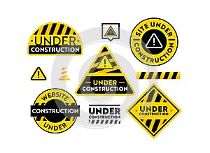 Site Under Construction Banners Set. Website Maintenance Warning Signs with Black and Yellow Stripes, and Tape or Cone