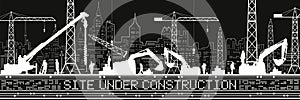 Site Under Construction illustration. Buildings panorama, industrial landscape, Constructional cranes and excavators, urban scene.