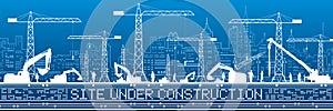 Site Under Construction illustration. Buildings panorama, industrial landscape, Constructional cranes and excavators, urban scene. photo