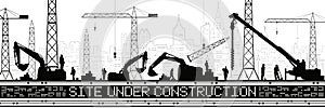 Site Under Construction illustration. Buildings panorama, industrial landscape, Constructional cranes and excavators, urban scene.