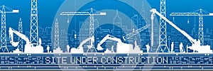 Site Under Construction illustration. Buildings panorama, industrial landscape, Constructional cranes and excavators, urban scene.