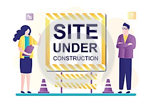 Site under construction webpage. Error 404. Page is not found. People report problem on site. Internet connection problem