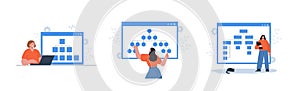 Sitemap creation. Set of Vector illustrations. Website optimization concept. Web development and web page structure