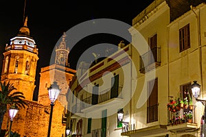 Sitges, Spain - June 10: Illuminated architectural buildings on