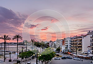 Sitges, Spain - June 10: View with Spain beach, buildings and pr